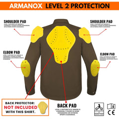 Back view of brown Kevlar motorcycle shirt featuring high-performance Kevlar impact zones for enhanced rider protection by Tornado Moto