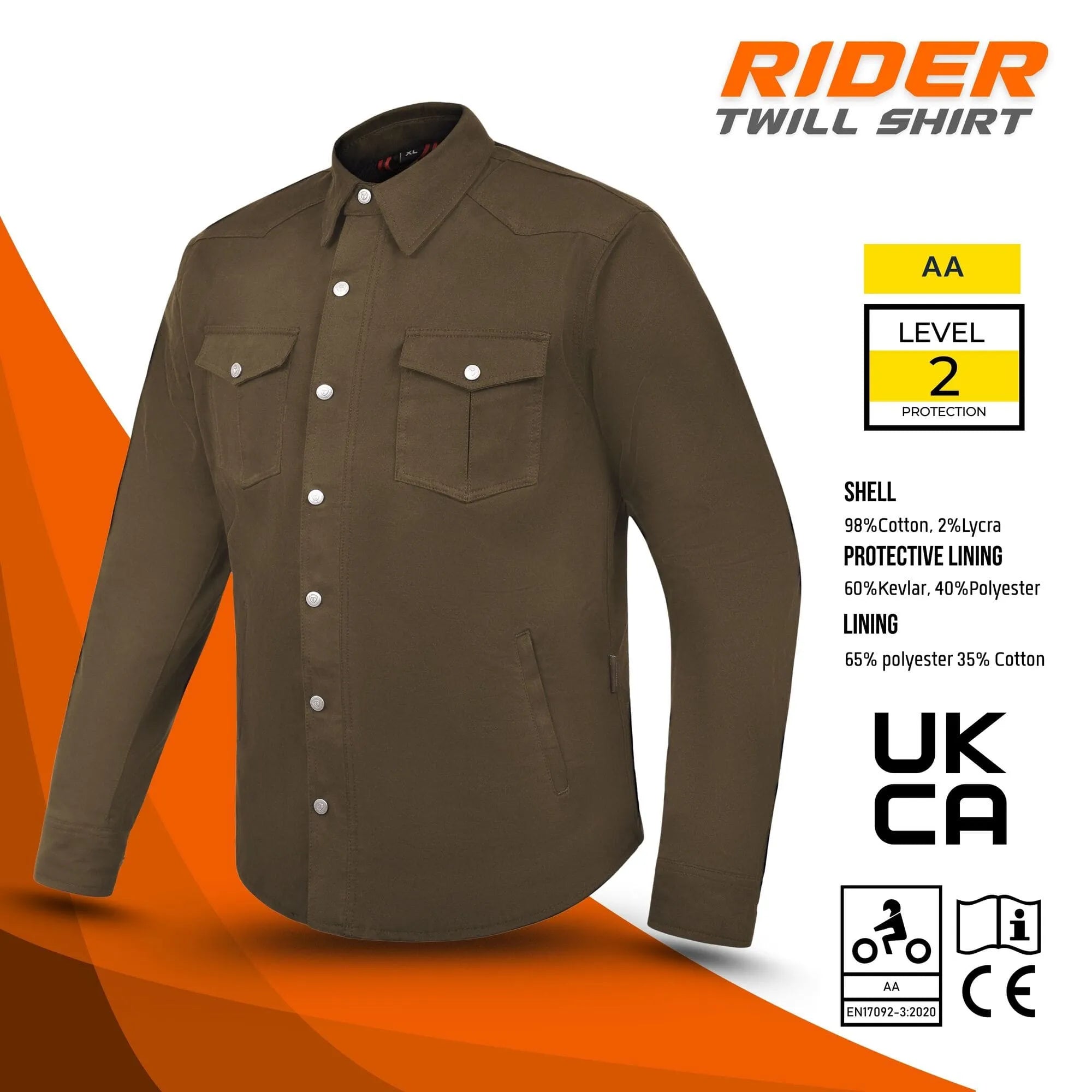 Brown Kevlar motorcycle shirt with CE Level 2 protection, Kevlar lining, and reinforced stitching for enhanced durability and rider safety by Tornado Moto