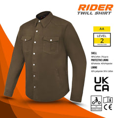 Brown Kevlar motorcycle shirt with CE Level 2 protection, Kevlar lining, and reinforced stitching for enhanced durability and rider safety by Tornado Moto