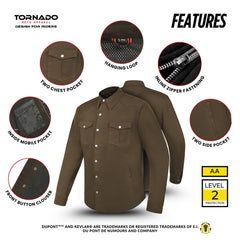 Features overview of brown Kevlar motorcycle shirt with two chest pockets, inside mobile pocket, zipper fastening, and CE protection by Tornado Moto