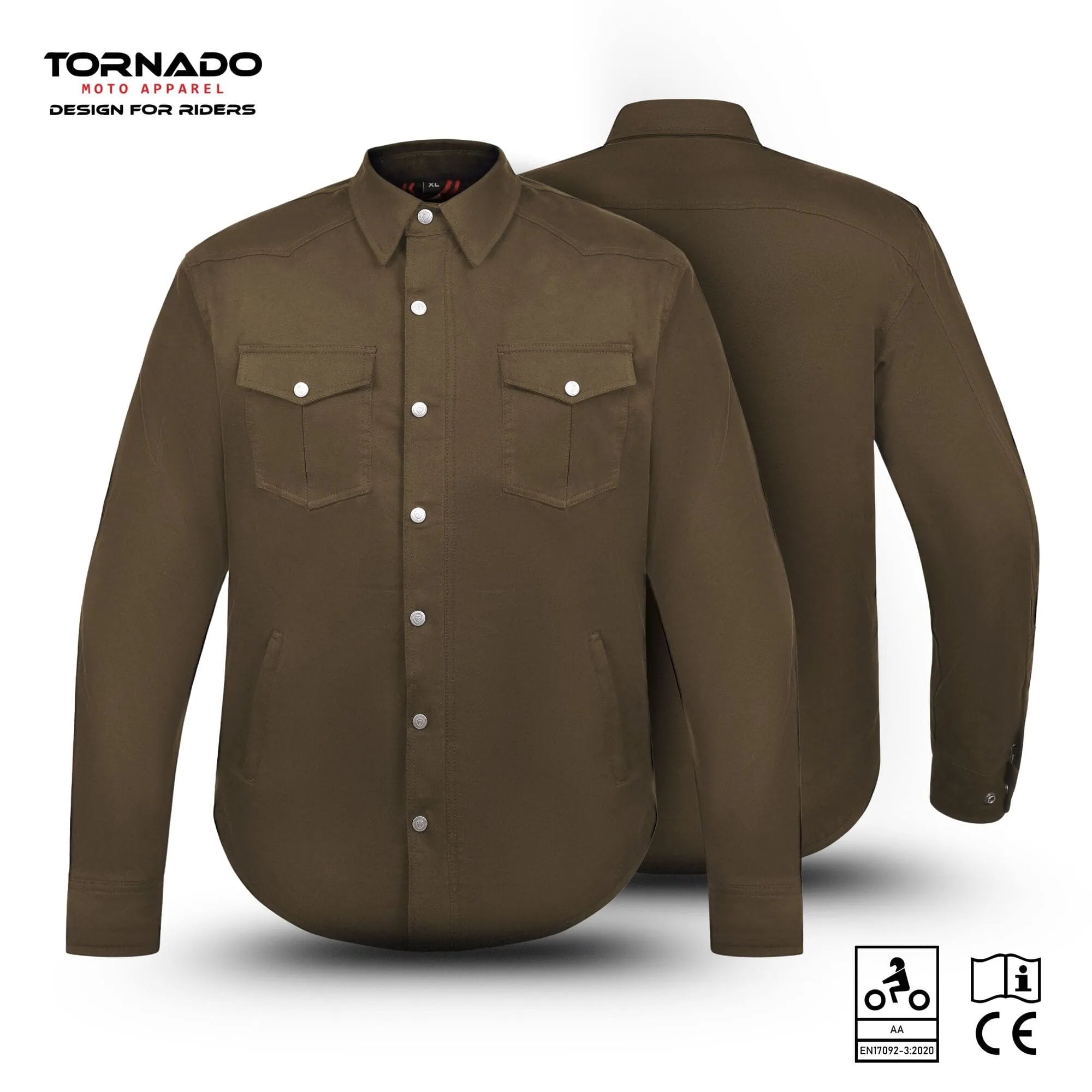 Front and back view of brown Kevlar motorcycle shirt with button closure, dual chest pockets, and CE protective armour for riders by Tornado Moto