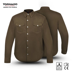 Front and back view of brown Kevlar motorcycle shirt with button closure, dual chest pockets, and CE protective armour for riders by Tornado Moto