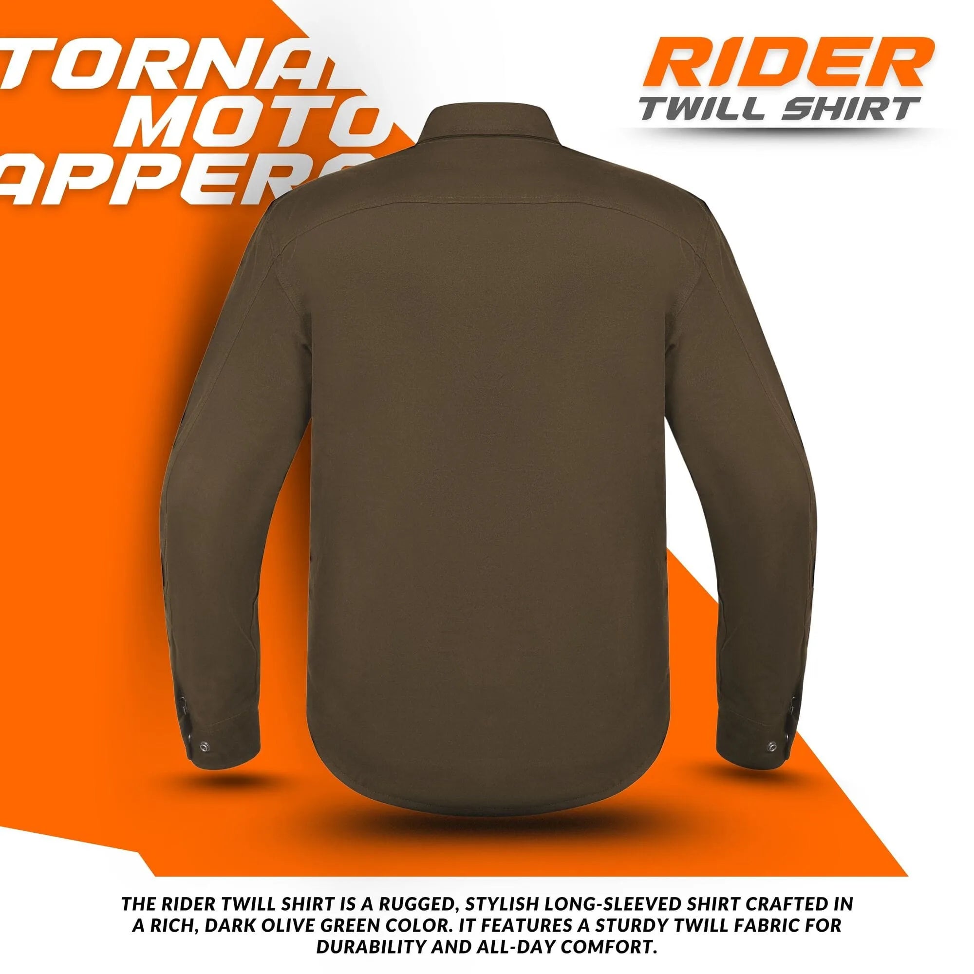Front and back view of brown Kevlar motorcycle shirt with button closure, dual chest pockets, and CE protective armour for riders by Tornado Moto