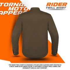 Front and back view of brown Kevlar motorcycle shirt with button closure, dual chest pockets, and CE protective armour for riders by Tornado Moto