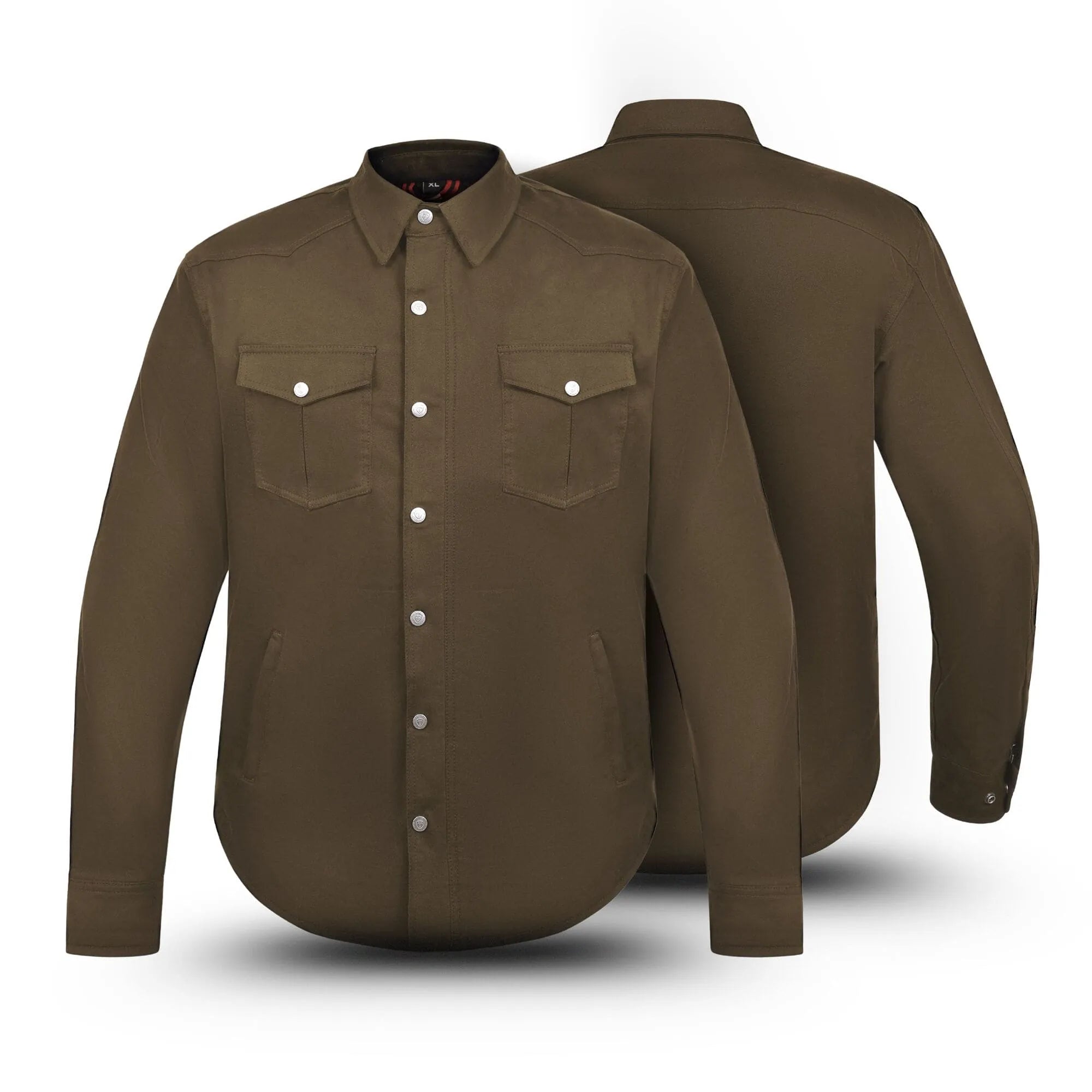 Front and back view of brown Kevlar motorcycle shirt with button closure, dual chest pockets, and CE protective armours for riders by Tornado Moto