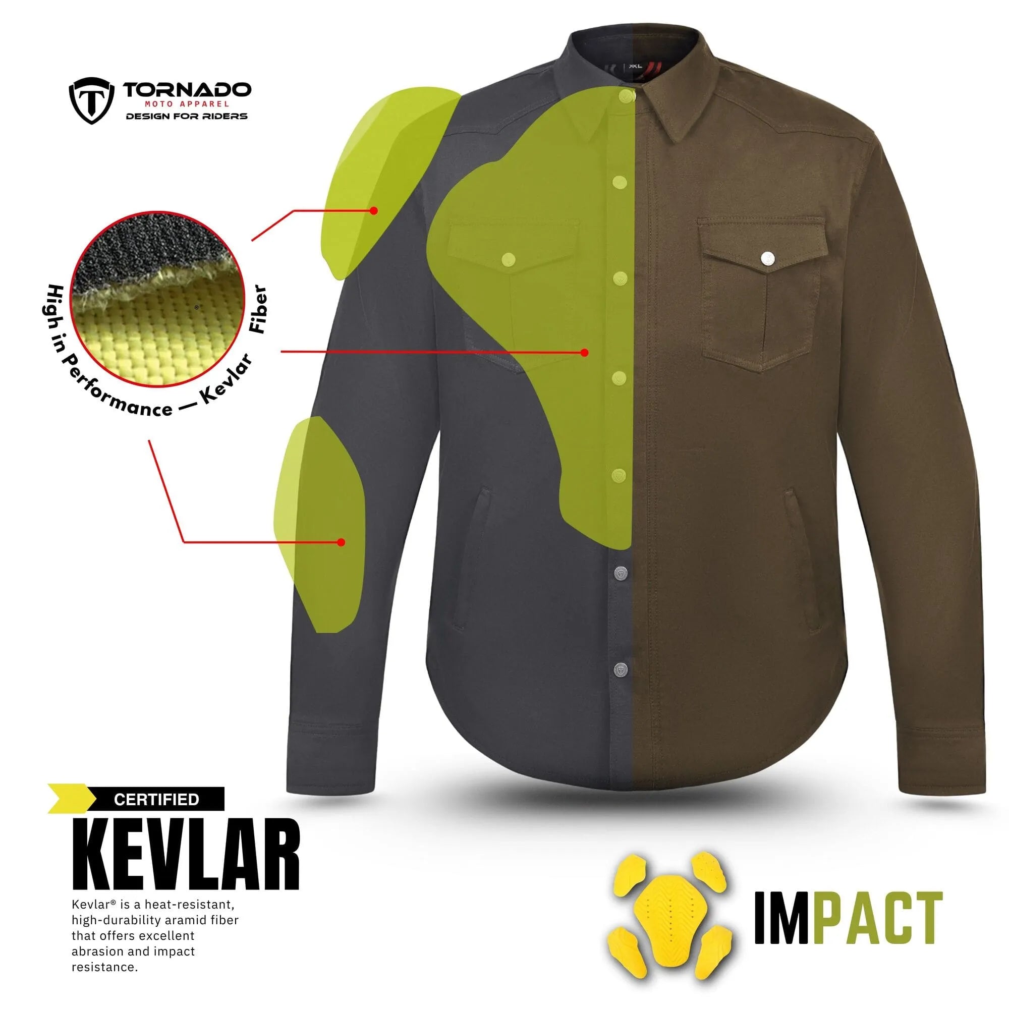 Brown Kevlar motorcycle shirt with CE Level 2 shoulder, elbow, and back pads designed for maximum rider protection and extreme sports safety by Tornado Moto
