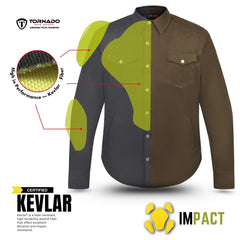 Brown Kevlar motorcycle shirt with CE Level 2 shoulder, elbow, and back pads designed for maximum rider protection and extreme sports safety by Tornado Moto