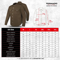 Size chart with detailed measurements for M, L, XL, 2XL, 3XL, and 4XL brown Kevlar motorcycle protective shirt by Tornado Moto