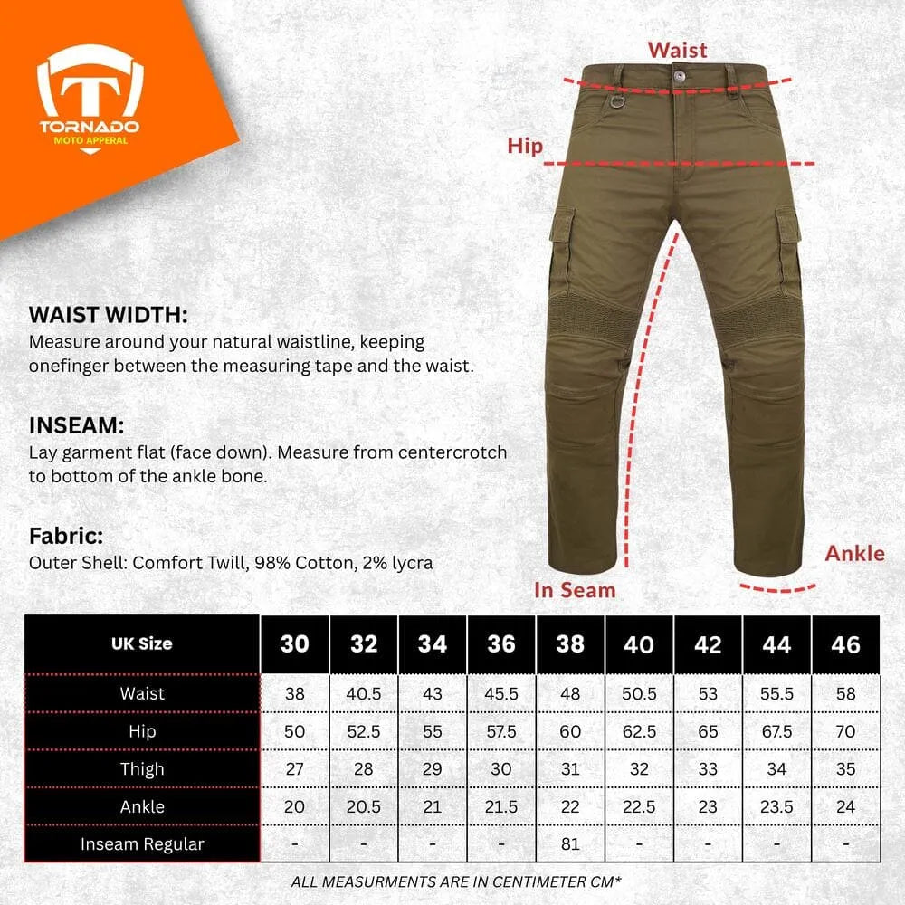 Measurement guide for brown cargo pants with Tornado brand logo on an orange triangle.