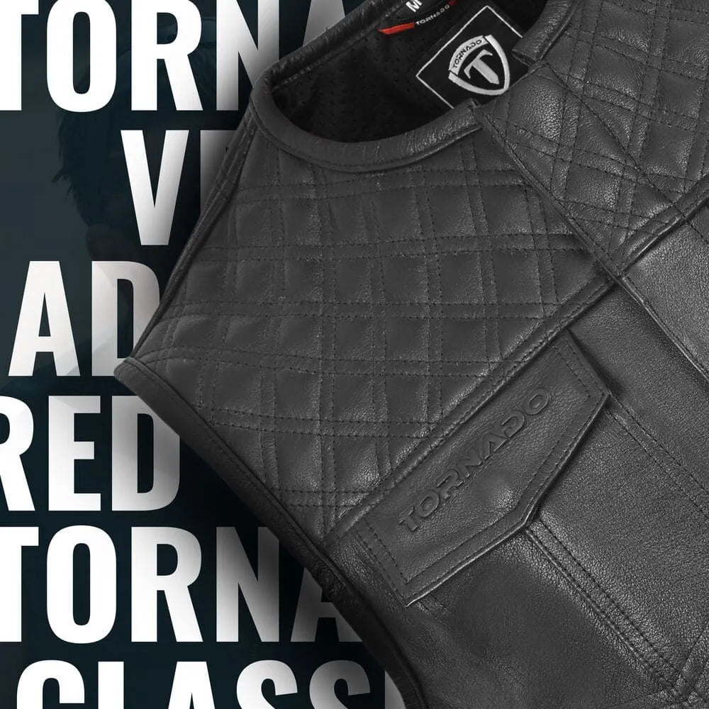 Close-up of men's black leather biker vest with Tornado logo and quilted shoulders. Stylish design with functional features for riders looking for quality and comfort