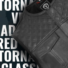 Close-up of men's black leather biker vest with Tornado logo and quilted shoulders. Stylish design with functional features for riders looking for quality and comfort