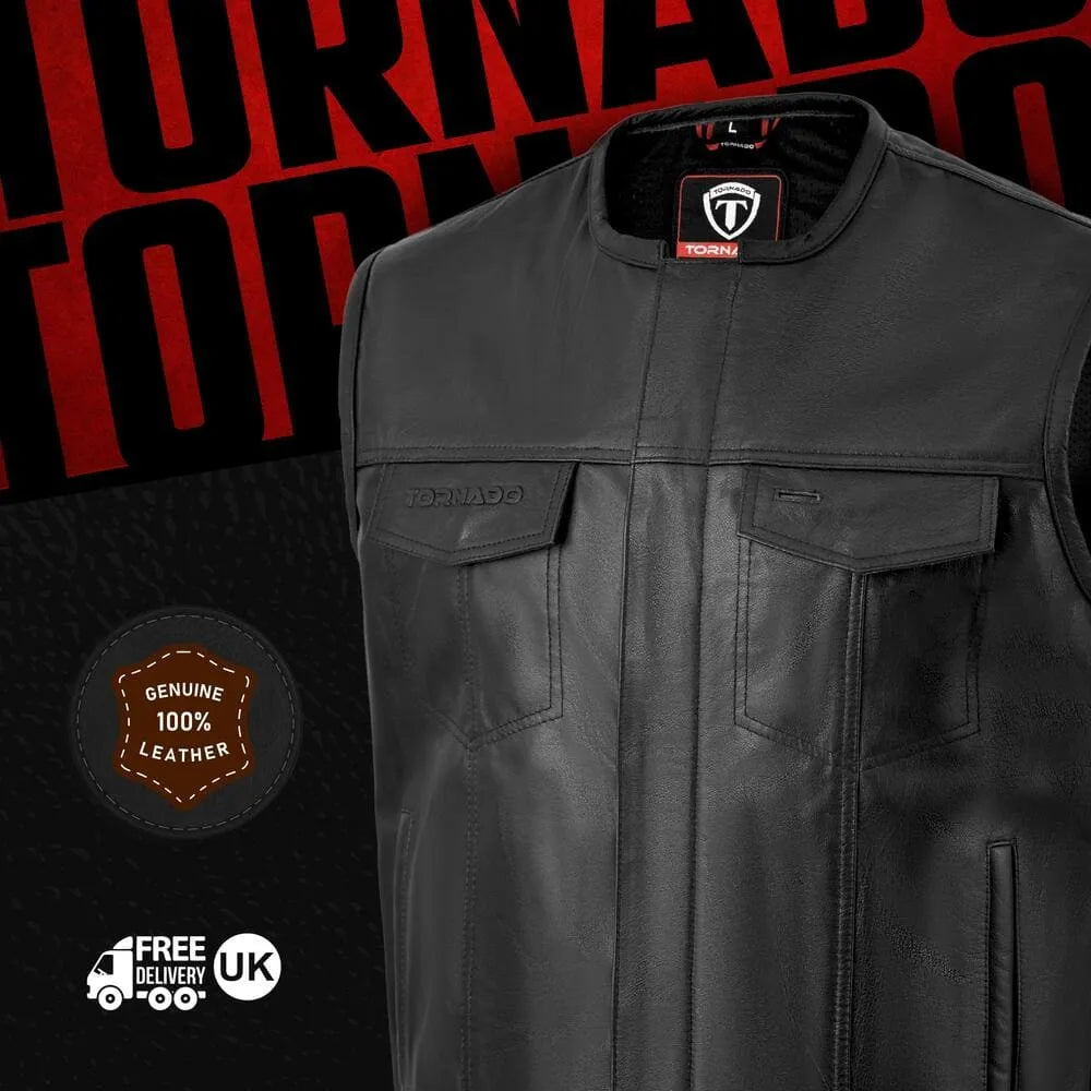 Tornado branded men's real leather biker waistcoat with premium YKK zipper and clean collarless design. Featuring two chest pockets and snap button closures for enhanced style. A genuine leather waistcoat designed for motorcycle riders, providing both function and fashion