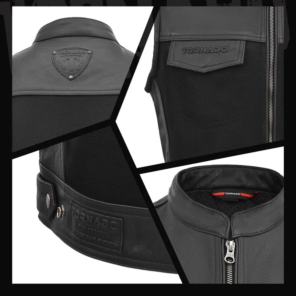 Collage of a black jacket with Tornado branding on various parts.