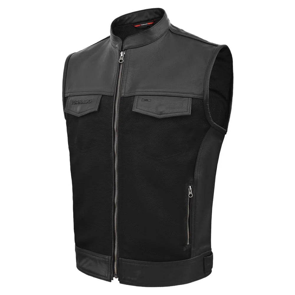 Black leather vest with gray accents on a white background