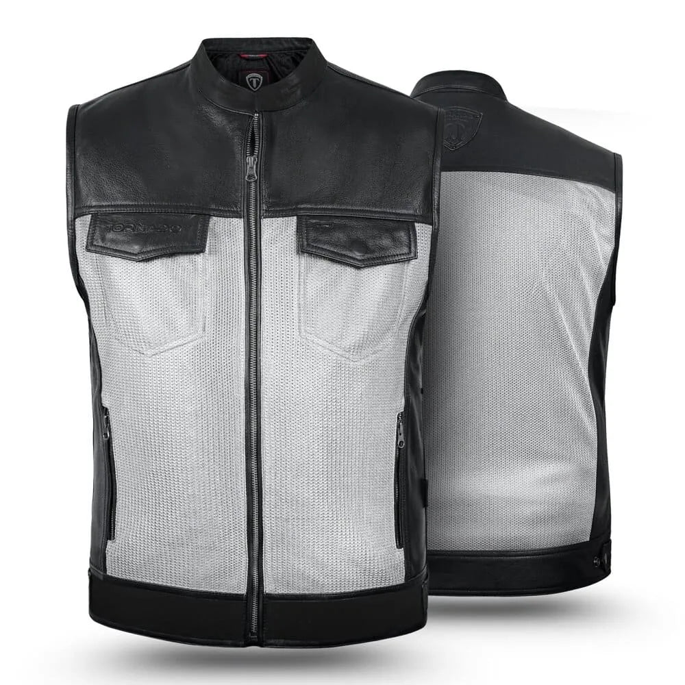Black and gray motorcycle vest with mesh design on a white background