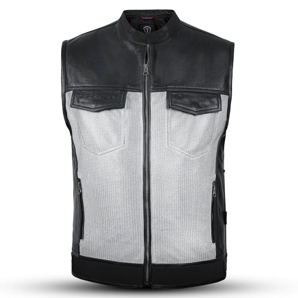 Black leather and mesh vest on a white background
