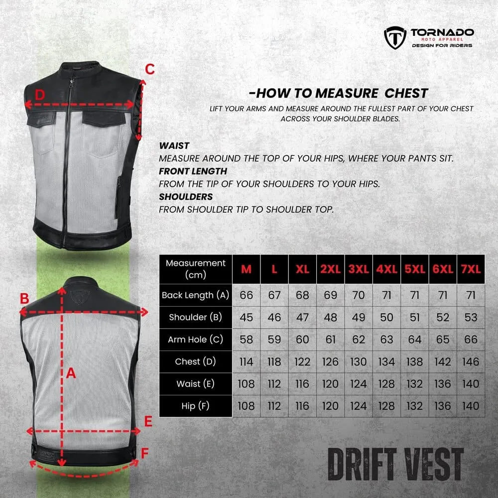 Measurement guide for a drift vest with a vest on a gray background