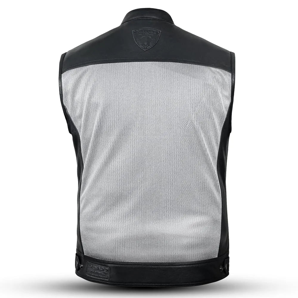Black and gray vest with a brand logo on a white background