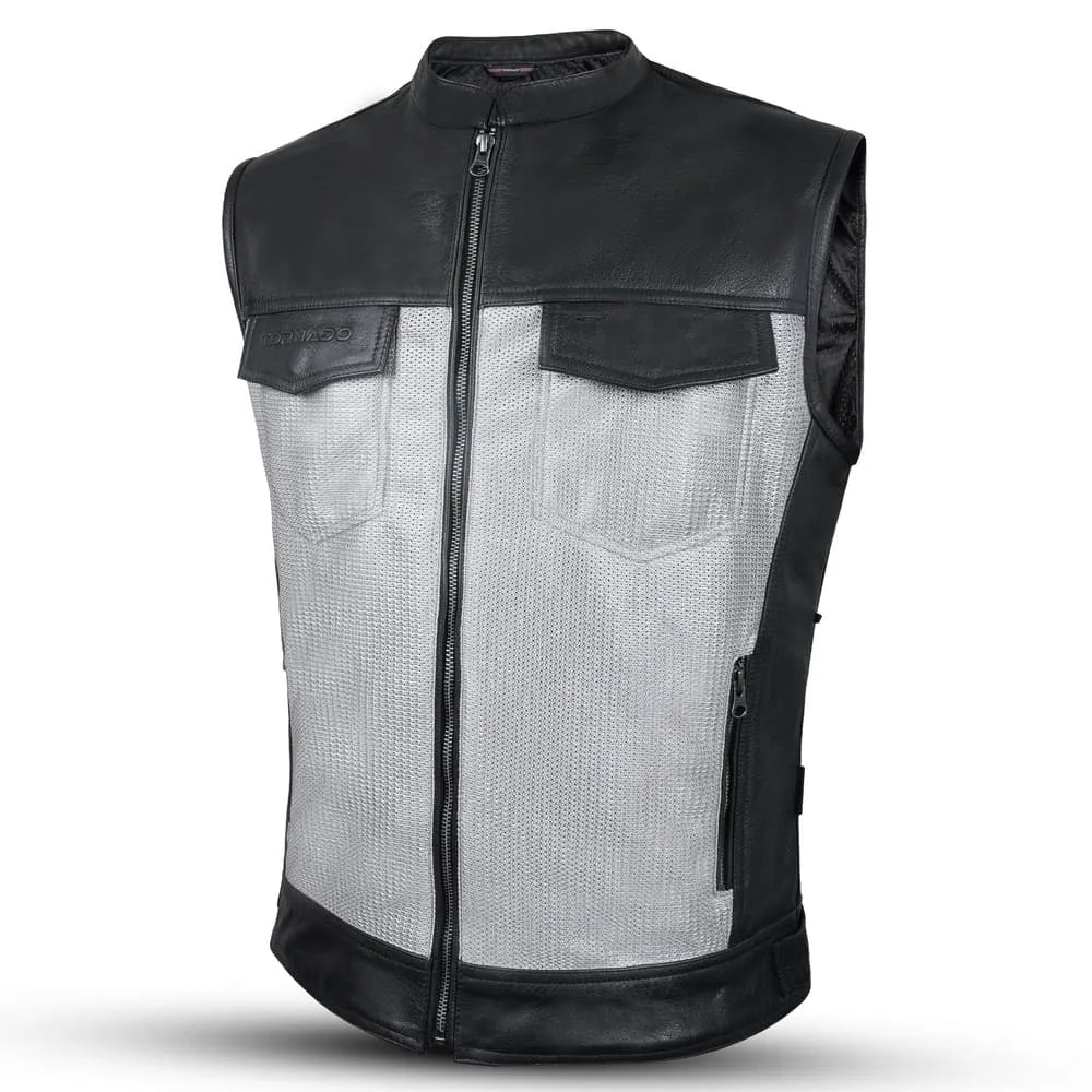 Black and gray motorcycle vest with mesh design on a white background