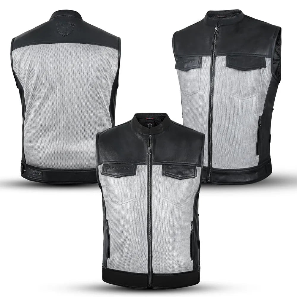 Black and gray motorcycle vest shown from front, back, and side views on a white background.