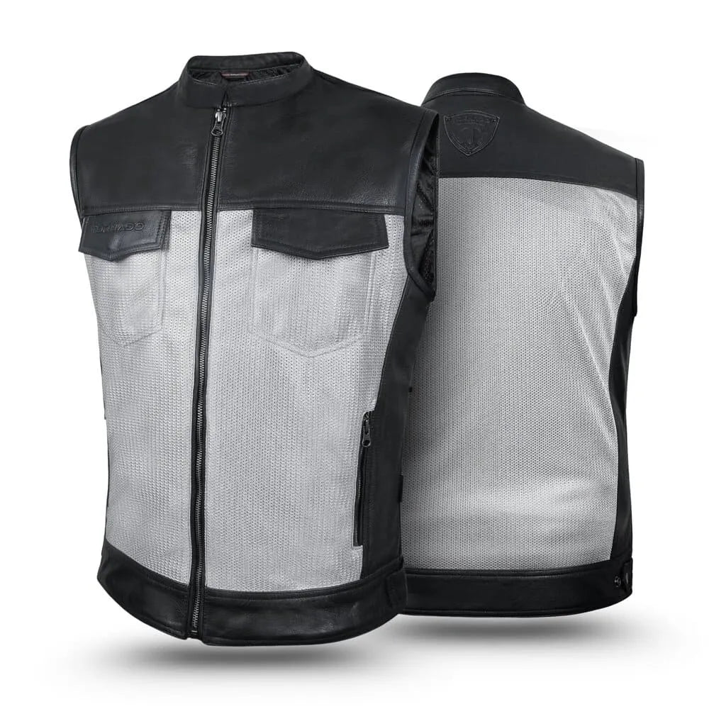Black leather and mesh vest shown from front and back on a white background