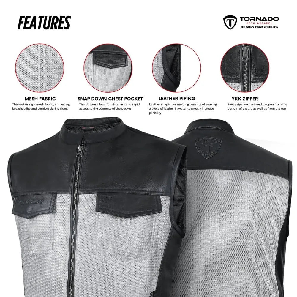 Black and gray motorcycle vest with features highlighted, including mesh fabric, snap-down chest pocket, leather piping, and YKK zipper, branded as Tornado.
