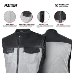 Black and gray motorcycle vest with features highlighted, including mesh fabric, snap-down chest pocket, leather piping, and YKK zipper, branded as Tornado.