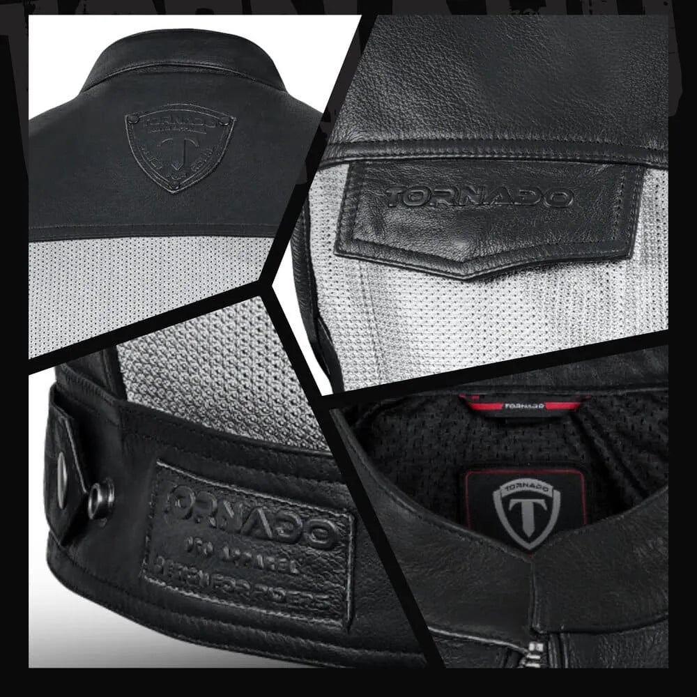 Collage of a black leather jacket with 'Tornado' branding on various parts.