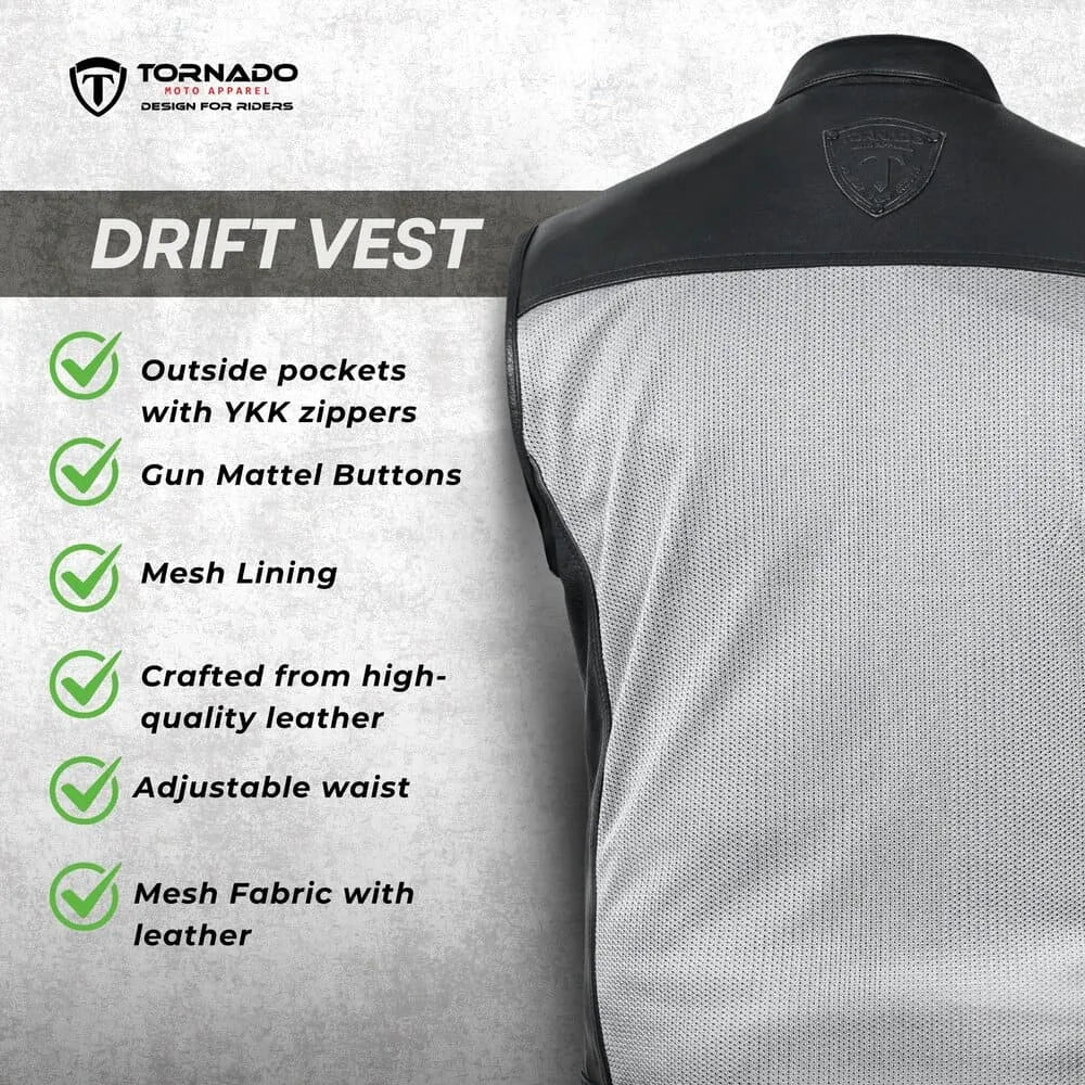 Tornado Drift Vest with features listed on a gray background