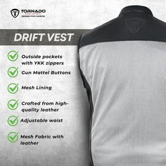 Tornado Drift Vest with features listed on a gray background