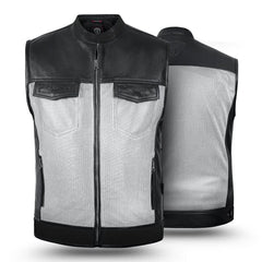 Black and gray motorcycle vest with mesh design on a white background