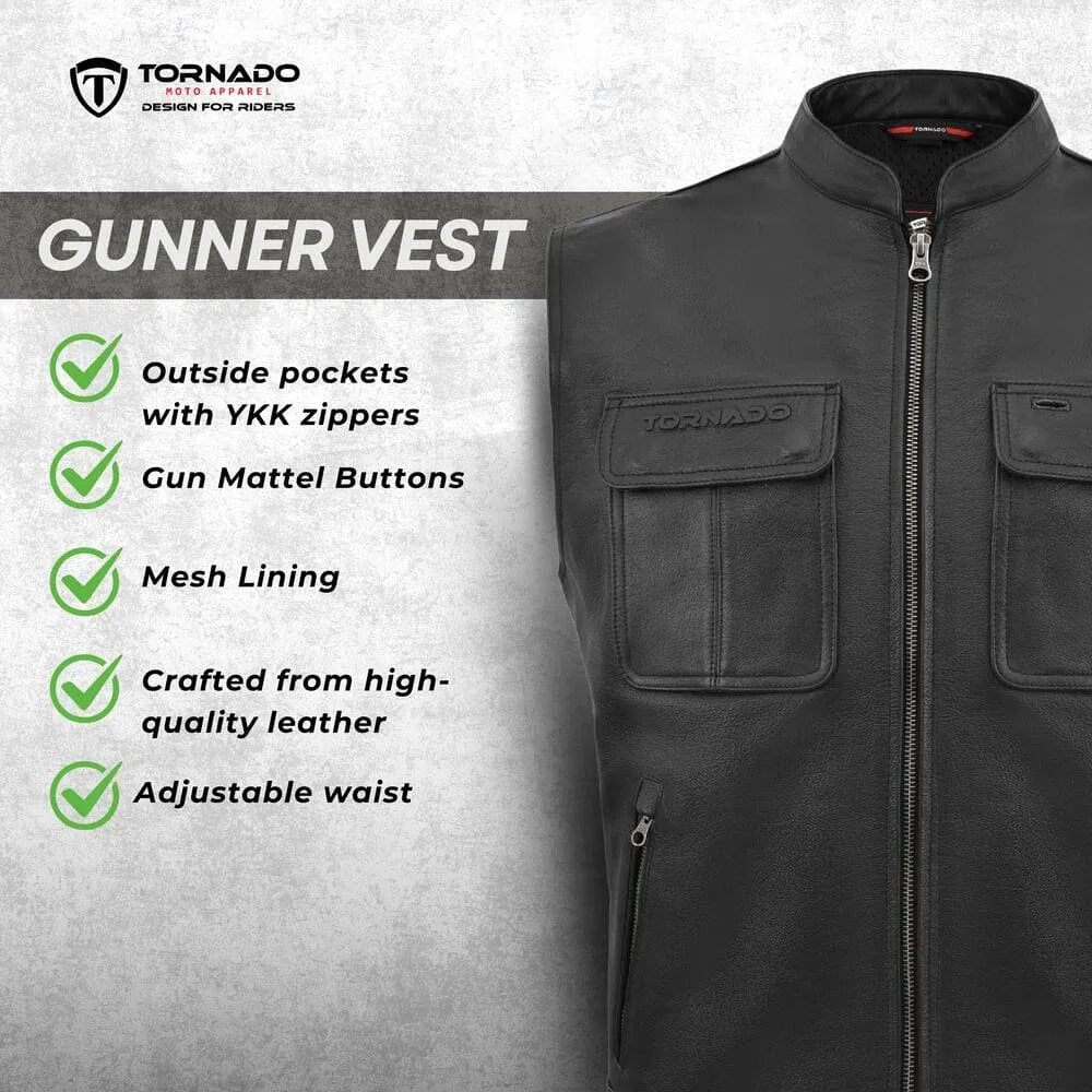 Gunner vest with Tornado branding and feature list on a gray background