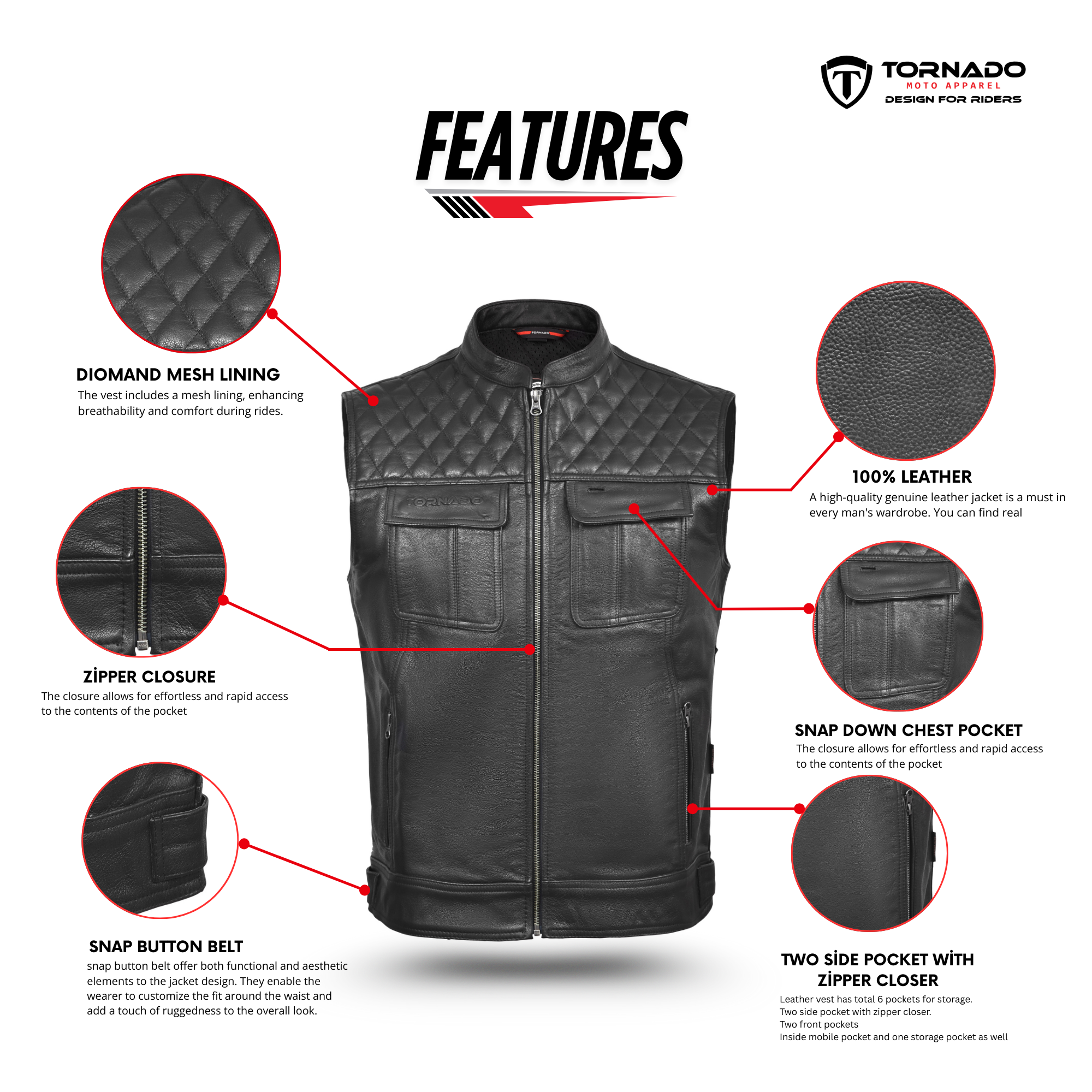 Tornado Vergas Buffalo Leather Vest  Premium Quality Biker Waistcoat with Stylish Stitching  Practical Utility Features