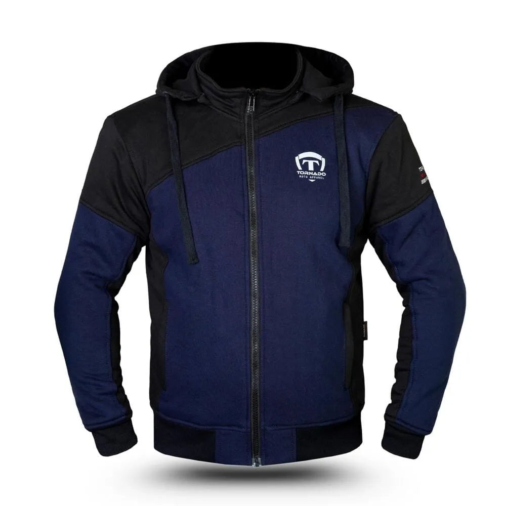 Blue and black motorcycle hoodie with a logo on a white background