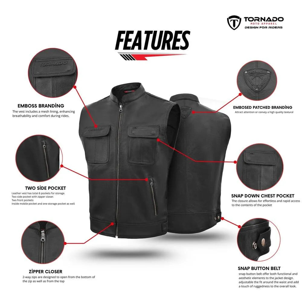 Black vest with features highlighted on a white background, branded 'Tornado'.