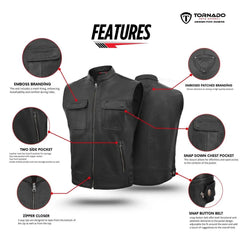 Black vest with features highlighted on a white background, branded 'Tornado'.