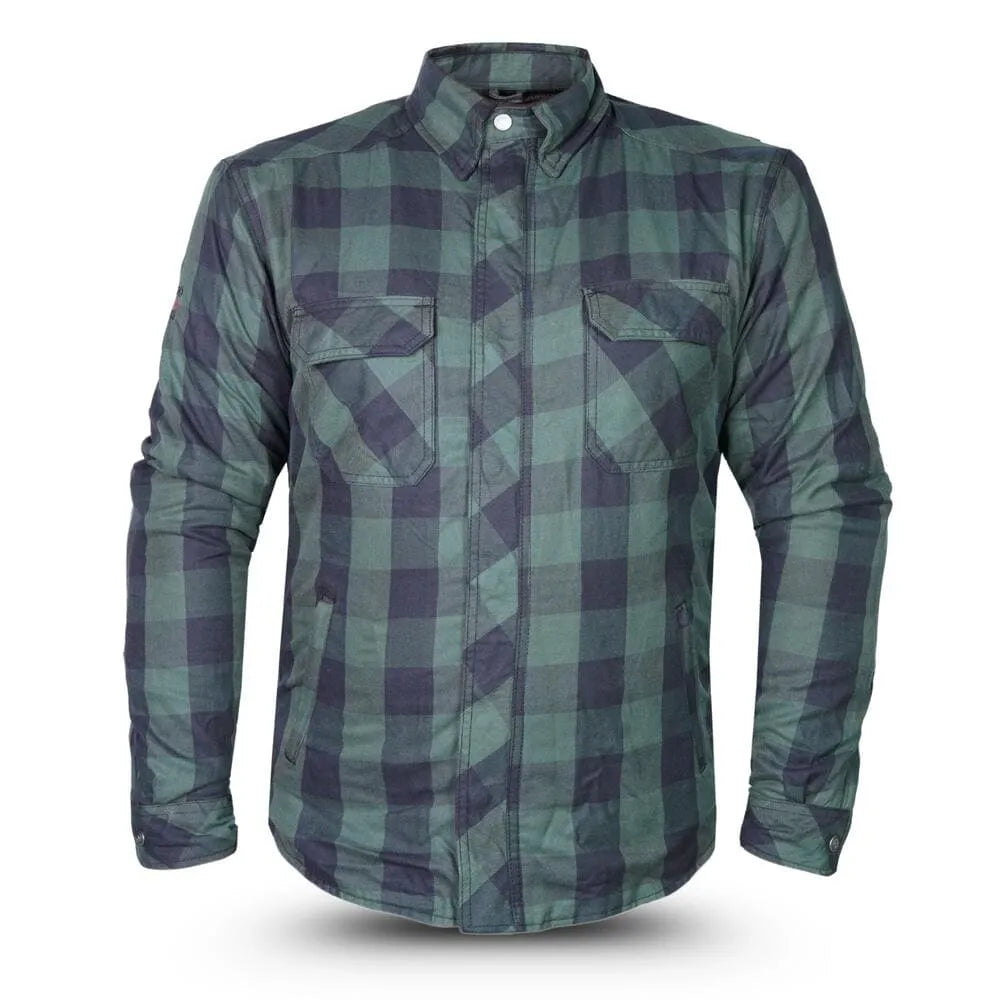Men’s green and black checkered motorcycle protective shirt with CE armor pockets – front view.