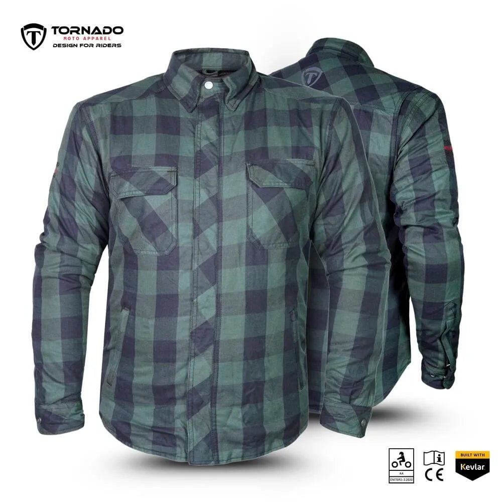 Front and back view of men’s green and black Kevlar-reinforced motorcycle riding shirt with CE protection.