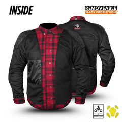 Inside view of red and black plaid Kevlar motorcycle shirt showing removable back protection and internal armor pockets by Tornado Moto.
