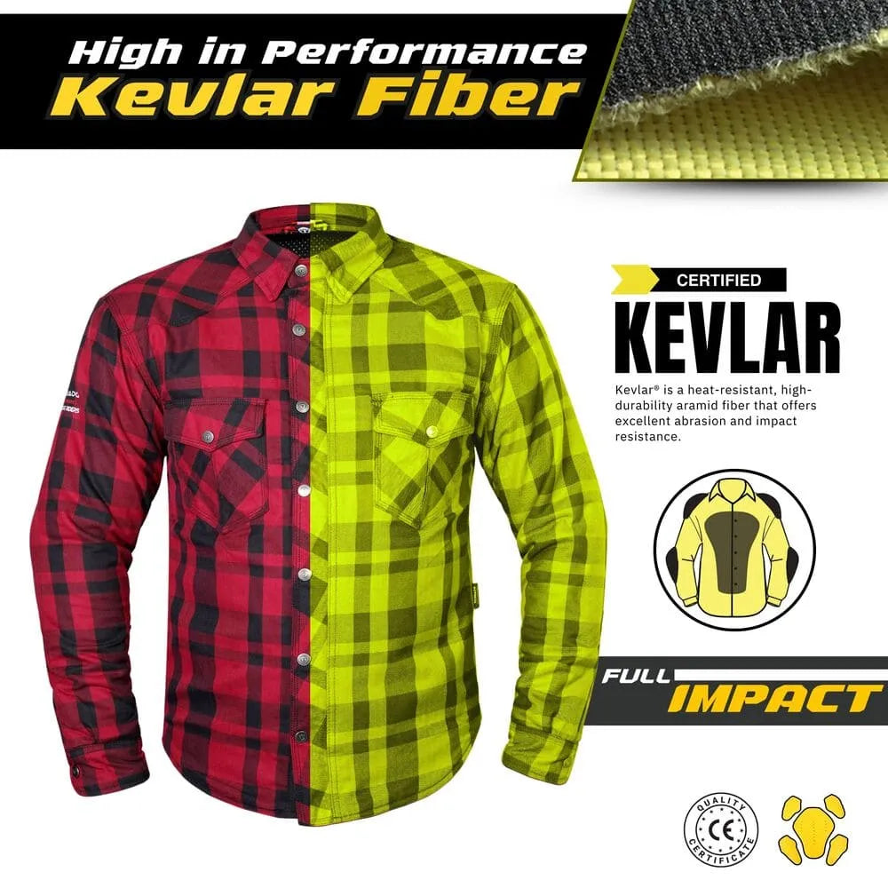 High-performance certified Kevlar fiber used in red and black motorcycle shirt, highlighting abrasion and impact resistance.