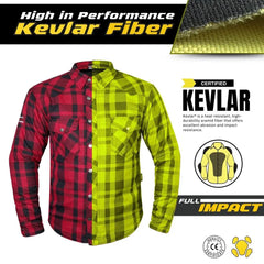 High-performance certified Kevlar fiber used in red and black motorcycle shirt, highlighting abrasion and impact resistance.