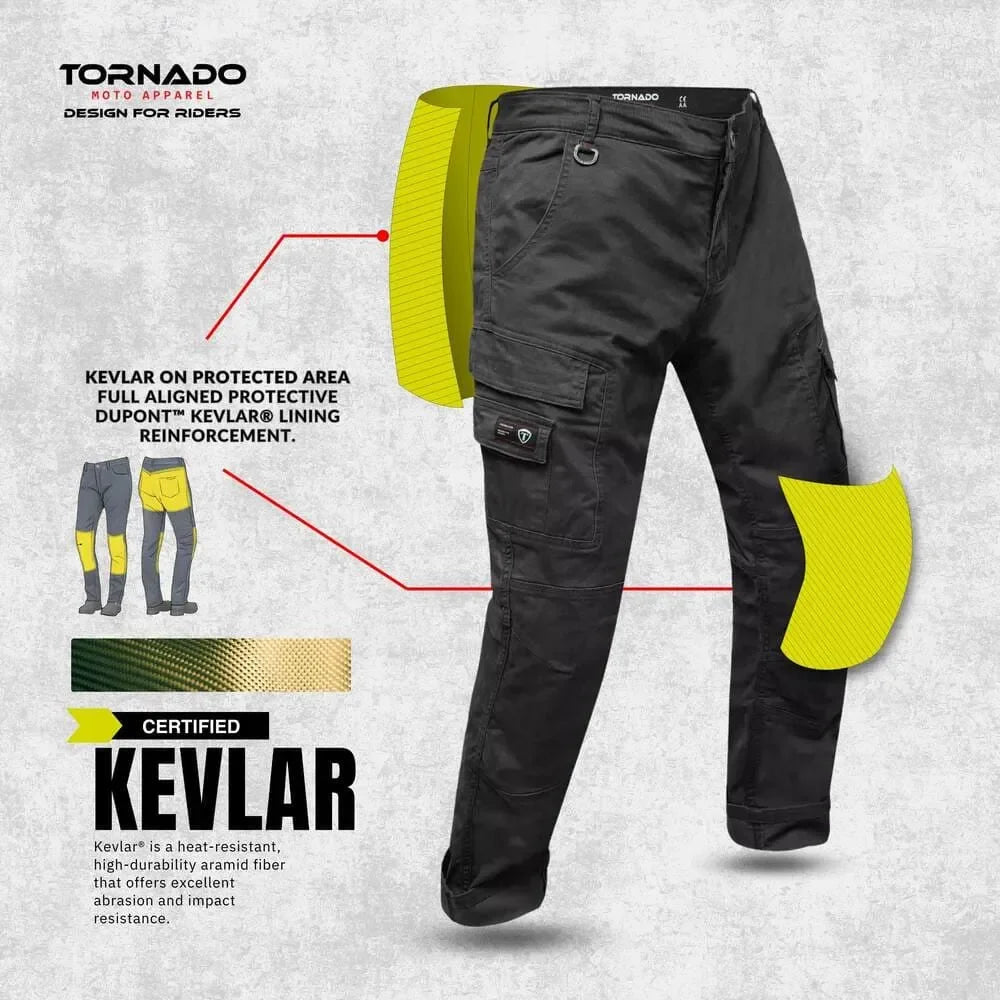 Kevlar-reinforced motorcycle cargo jeans with highlighted aramid protection panels, offering abrasion-resistant and protective motorcycle riding jeans