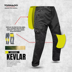 Kevlar-reinforced motorcycle cargo jeans with highlighted aramid protection panels, offering abrasion-resistant and protective motorcycle riding jeans