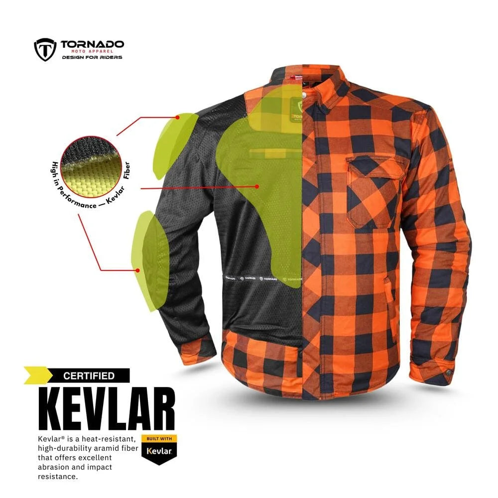 Internal view of the motorcycle shirt showing Kevlar protection zones for shoulder, elbow, and back.