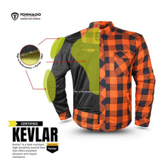 Internal view of the motorcycle shirt showing Kevlar protection zones for shoulder, elbow, and back.