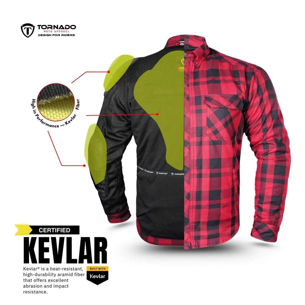 Kevlar reinforced motorcycle shirt cutaway showing protective Kevlar fiber and CE armor coverage.