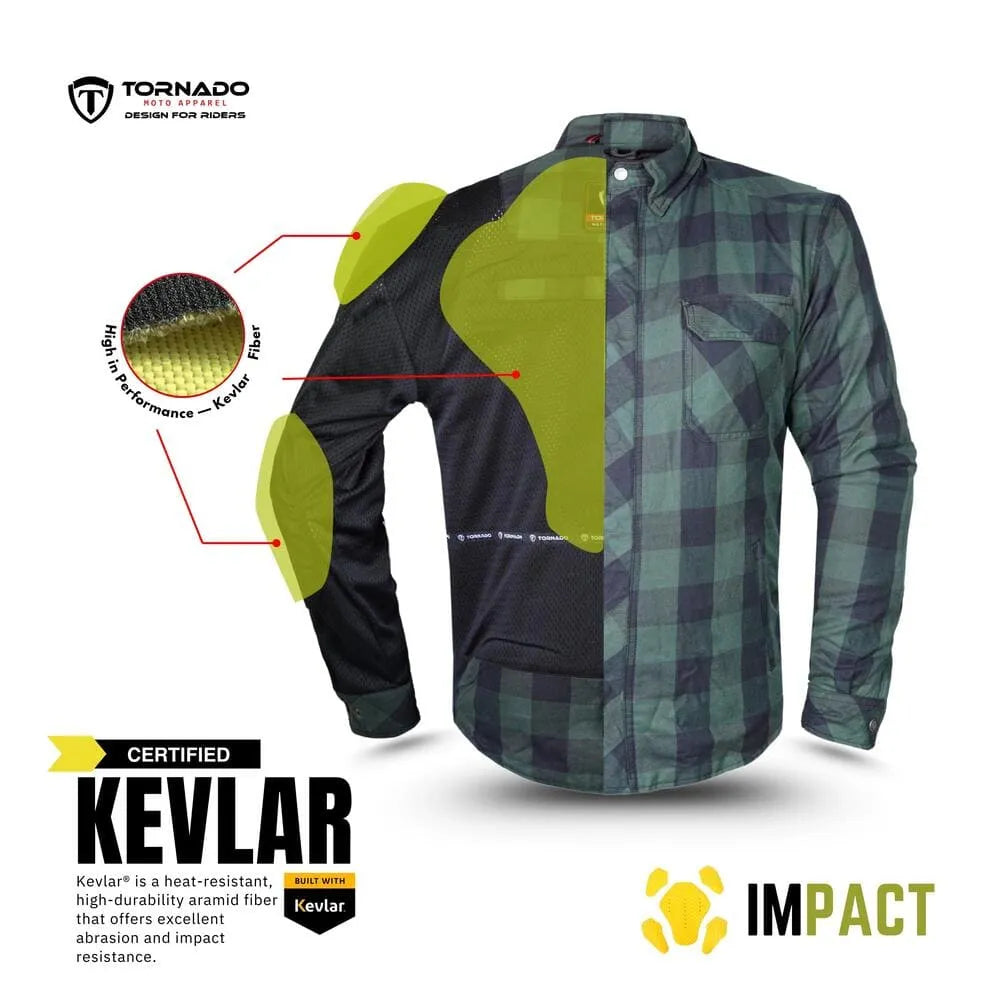 Kevlar-reinforced motorcycle riding shirt with highlighted shoulder, elbow, and back impact protection zones.