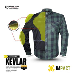 Kevlar-reinforced motorcycle riding shirt with highlighted shoulder, elbow, and back impact protection zones.