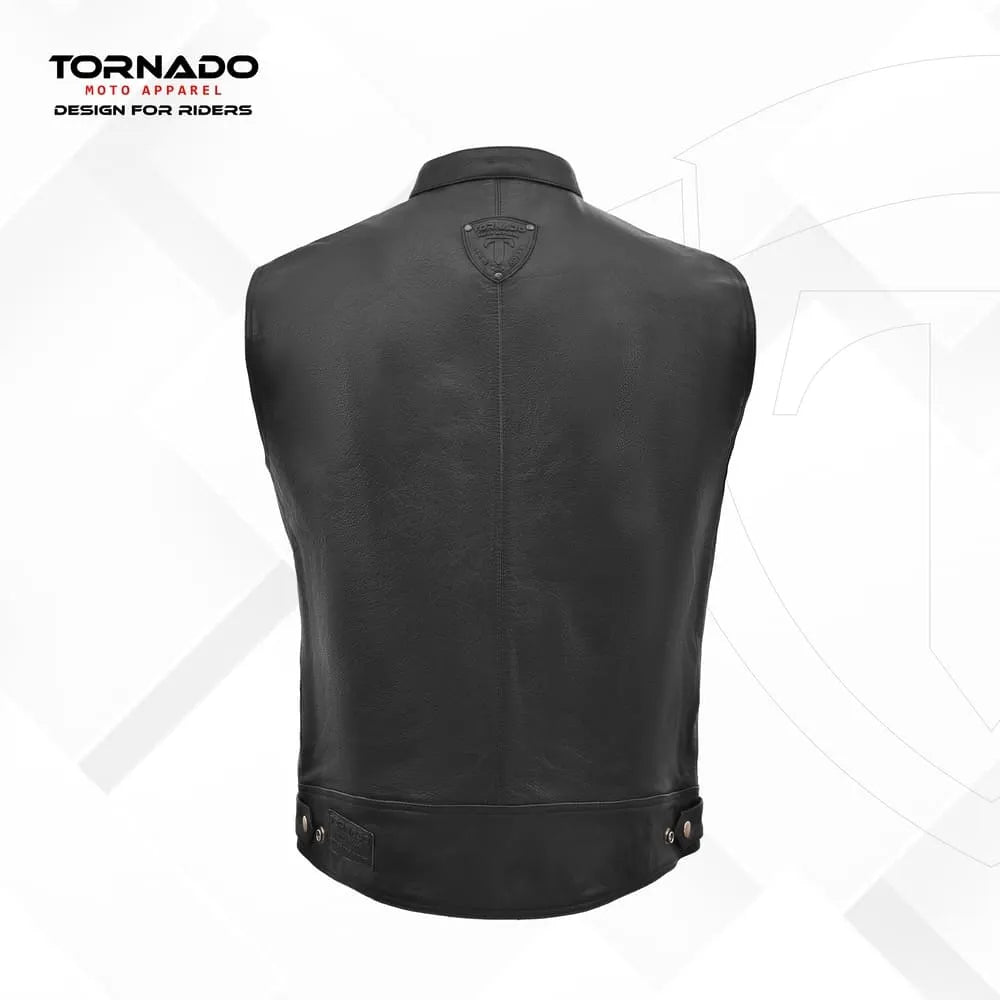 Black leather vest with Tornado Moto Apparel branding on a white background