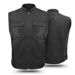 Black leather vest shown from front and back on a white background